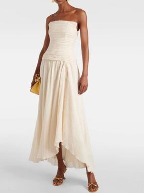 New Staud Hightide Strapless Gauzey Asymmetrical Maxi Dress in Buttercream